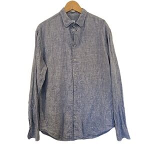 Armani Collezioni 100% Linen Shirt Large Blue Button Front Long Sleeve Light